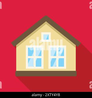Minimalistische flache Vektor-Illustration eines kleinen Hauses mit einem braunen Dach, das einen langen Schatten auf einem roten Hintergrund wirft Stock Vektor