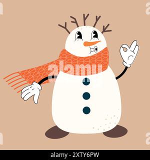Schneemann im groovigen Retro-Stil. Element für frohe Weihnachten und Happy New Year Grußkarte, Poster, Partyeinladung. Vektorabbildung Stock Vektor