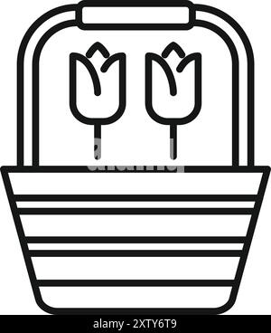 Minimalistisches Symbol eines Korbs mit zwei Tulpen, die innen wachsen und für Frühling und Gartenarbeit stehen Stock Vektor