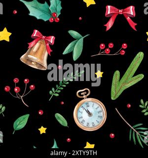 Nahtloses Silvester-Muster auf schwarzem Hintergrund. Aquarell handgezeichnete Illustration Glocke, Uhr, Weihnachtsstrumpf, Laterne, stechpalme, . Zum Dekorieren Stockfoto