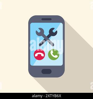 Das Smartphone zeigt kreuzende Schraubenschlüssel über den roten und grünen Anruftasten an, was technischen Support oder eine telefonische Reparatur vorschlägt Stock Vektor