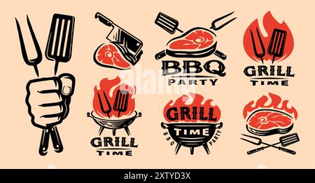 Grilletiketten, Abzeichen und Designelemente für das Restaurantmenü. BBQ Emblem Set Vektor Illustration Stock Vektor