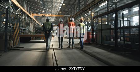 Rückansicht von vier Technikern der Schwerindustrie in Uniform und Helmen, die über den Produktionsprozess sprechen, während sie in der Produktionsanlage spazieren. Männliche und weibliche Inspektoren sprechen mit Angestellten in der Fabrik. Zeitlupe. Stockfoto