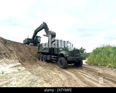 Soldaten der 702nd Engineer Company holen Sand aus einer Leihgrube am 9. August 2024, während sie an einem Truppenprojekt für das Skigebiet Whitetail Ridge in Fort McCoy, Wiss, arbeiten. Soldaten mit der 702. Verbrachten sechs Tage lang ein Truppenprojekt im Skigebiet Fort McCoy, um den Tubing-Hügel zu verbessern. Nach Angaben der Beamten der Post führte das Projekt zu erheblichen Verbesserungen im Skigebiet. (Foto der US-Armee von Sgt. Haylee Smith, 702nd Engineer Company) Stockfoto