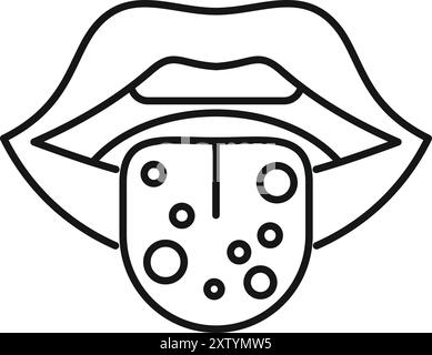 Strichkunstsymbol eines Mundes, dessen Zunge herausragt und mit Flecken bedeckt ist, die Mundsoor darstellen Stock Vektor