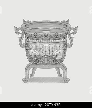 Antike Vase mit Blumenschmuck, Vintage Gravur Zeichnung Stil Illustration Stock Vektor