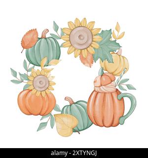 Illustrationskranz mit Kürbissen, Sonnenblumen, Blättern und einem Becher Stockfoto