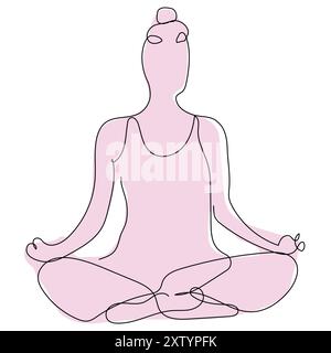 Eine Person, die Yoga in entspannter Sitzposition übt, umgeben von einer beruhigenden rosa Atmosphäre Stock Vektor