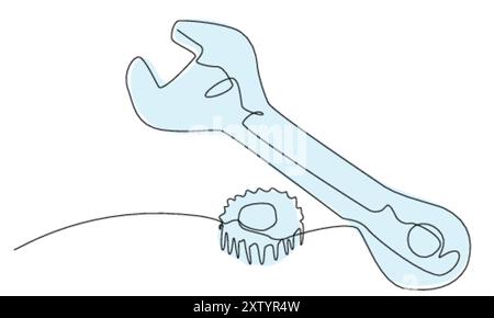 Eine blaue Umrandung eines verstellbaren Schraubenschlüssels und eines Zahnrads auf einem glatten Hintergrund Stock Vektor
