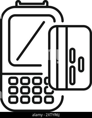 Zeilenzeichnung einer Kreditkarte, die in ein POS-Terminal eingesteckt wird, mit der Darstellung eines Kaufs Stock Vektor