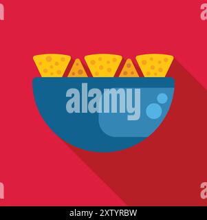 Blaue Schüssel mit leckeren Tortilla-Chips auf rotem Hintergrund Stock Vektor
