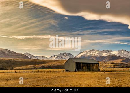 Landwirtschaftliches Land mit einer Scheune voller Heuballen in der Nähe des Lake Tekapo Stockfoto