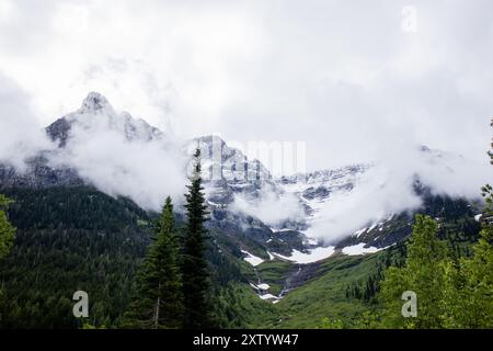 Neblige Berge entlang der Sonnenstraße im Gletscher-Nationalpark Stockfoto