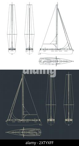 Stilisierte Vektorabbildungen technischer Zeichnungen einer Segelyacht Stock Vektor