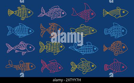 Sea Fish Doodle Cartoon Set. Umreißen Sie süße Fische mit handgezeichnetem Ornament. Kindliches buntes exotisches Design abstrakte naive Kunst. Thunfischlachs oder Aquarienfische. Isolierte Vektordarstellung mit flacher Konstruktion Stock Vektor
