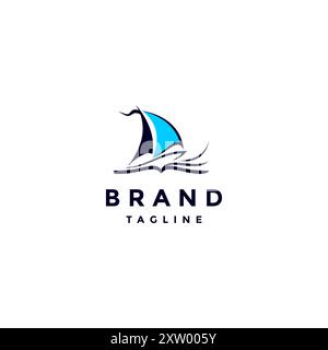 Boat Sails Over Books Logo-Design. Abbildung eines Segelbootes, das auf einem Buchblatt fährt. Stock Vektor