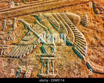 Stilisiertes Basrelief der Geiergöttin Nekhbet an den Wänden im Tempel des Hathor in Dendera, das in der ptolemäischen Ära um 50 v. Chr. zwischen den Städten Luxor und Abydos in Ägypten fertiggestellt wurde Stockfoto