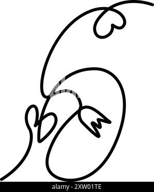 6 handgezeichnete Zahl mit dekorativen Herzen und Blume isolierte festliche Inschrift Design Konzept. Line Art Continiouse Line isolierter Vektor. Briefkarten, Poster, Faltblatt, Etikett oder Web-Promo-Idee Stock Vektor