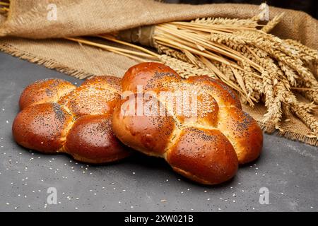 Frisch gebackenes, geflochtenes Challah-Brot mit Sesam und Mohnsamen, perfekt für jede Mahlzeit Stockfoto