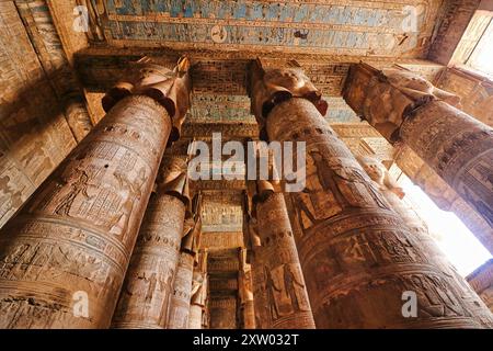 Komplizierte Deckenkunst mit vierseitigen Hathor-Kopf-Säulen in der Hypostilhalle im Tempel des Hathor in Dendera, die in der ptolemäischen Ära um 50 v. Chr. zwischen den Städten Luxor und Abydos in Ägypten fertiggestellt wurde Stockfoto