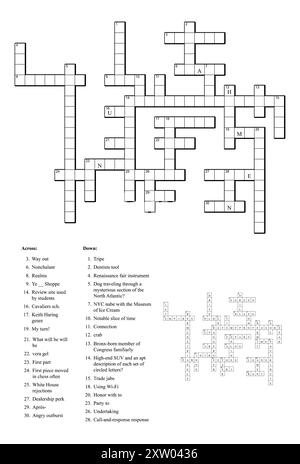 Kreuzworträtsel-Spiel mit Hinweisen und Lösung. Stock Vektor