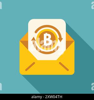 Offener Umschlag mit Bitcoin-Währung, die sich mit Pfeilen dreht, Konzept für digitale Transaktionen Stock Vektor