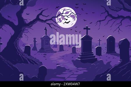 Nacht gruseliger Halloween Friedhof Cartoon Vektor Hintergrund, gespendet mit leuchtendem Auge in Wald lila Panorama Szene, gruseliger Friedhof mit Grabstein, Stock Vektor