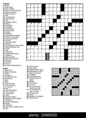 American Crossword Puzzle Spiel mit 15 x 15 Quadraten mit Hinweisen und Lösung. Stock Vektor