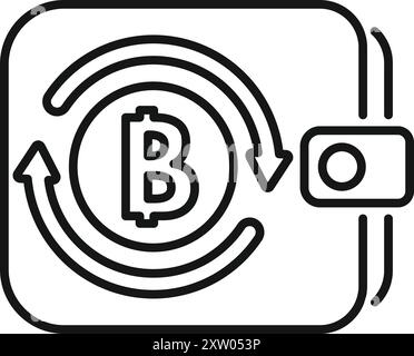 Linienkunstvektor-Symbol für Bitcoin, das sich in einer digitalen Brieftasche dreht und das Konzept der Kryptowährungstransaktionen darstellt Stock Vektor