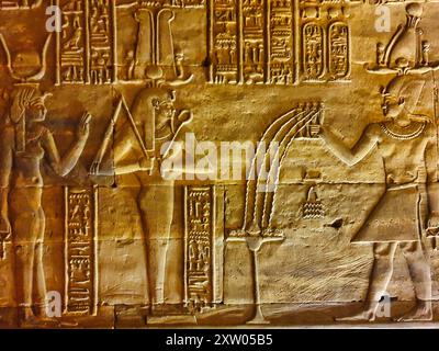 BAS Relief von Ptolemäus IV. Philopator gegenüber Osiris und Hathor und opferte im Tempel des Horus in Edfu, der während der ptolemäischen Ära zwischen 237 und 57 v. Chr. in der Nähe von Assuan, Ägypten errichtet wurde Stockfoto