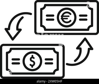 Währungsumtauschkonzept, bei dem der Dollar zu Euro-Banknoten wird, mit Aufwärts- und Abwärtspfeilen Stock Vektor