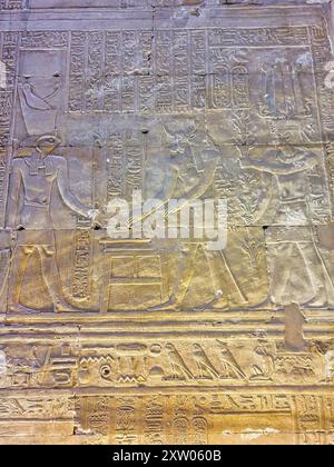 Mauerrelief von Ptolemäus IV. Philopator hinter Hathor. Kuhgöttin, die Horus im Tempel des Horus in Edfu, erbaut während der ptolemäischen Ära zwischen 237 und 57 v. Chr. in der Nähe von Assuan, Ägypten, gegenüberstellt und darbringt Stockfoto