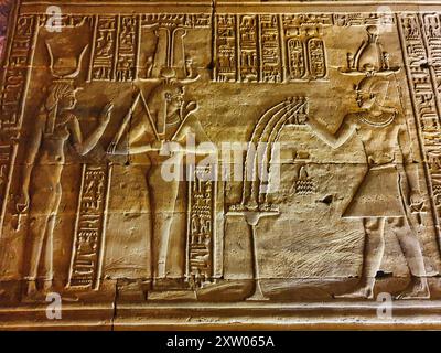 BAS Relief von Ptolemäus IV. Philopator gegenüber Osiris und Hathor und opferte im Tempel des Horus in Edfu, der während der ptolemäischen Ära zwischen 237 und 57 v. Chr. in der Nähe von Assuan, Ägypten errichtet wurde Stockfoto