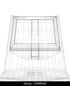 Drahtmodell-Geldautomat mit Display. Bankterminal für Transaktionen, Abheben von Geld und Einzahlen auf das Konto. Vektor-Illustration des Umrisses des Geldautomaten mit Polizisten Stock Vektor