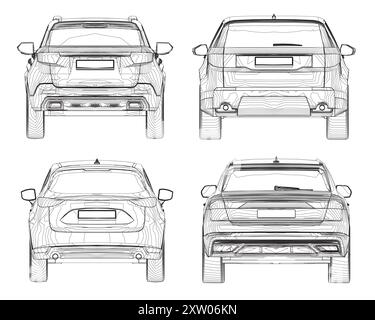 Konturensatz verschiedene Modelle von Autos. Vektorabwicklungsdarstellung. Rückansicht Vektor-Illustration Stock Vektor