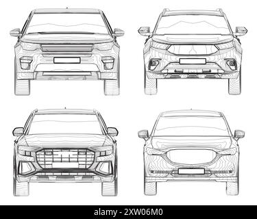 Konturensatz verschiedene Modelle von Autos. Vektorabwicklungsdarstellung. Vektorillustration Vorderansicht des Fahrzeugs Stock Vektor