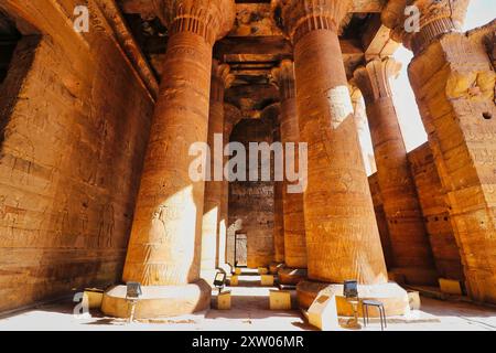 Spektakuläre verzierte Blumensäulen in der Hypostyle-Galerie im Tempel des Horus in Edfu, erbaut während der ptolemäischen Ära zwischen 237 und 57 v. Chr. in der Nähe von Assuan, Ägypten Stockfoto