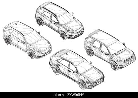 Konturensatz verschiedene Modelle von Autos. Vektorabwicklungsdarstellung. Isometrische Ansicht Car Vector Illustration. 3D. Stock Vektor