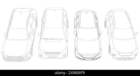 Konturensatz verschiedene Modelle von Autos. Vektorabwicklungsdarstellung. Vektorillustration Vorderansicht des Fahrzeugs Stock Vektor