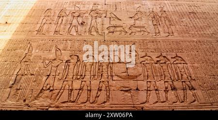 Wandkunst bis zum Relief von Ptolemäus IX. Soter II. Führte die Prozession des Horus in der heiligen Barke im Tempel des Horus in Edfu, erbaut während der ptolemäischen Ära zwischen 237 und 57 v. Chr. in der Nähe von Assuan, Ägypten Stockfoto
