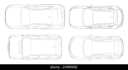 Konturensatz verschiedene Modelle von Autos. Vektorabwicklungsdarstellung. Illustration des Fahrzeugvektors von oben. Stock Vektor