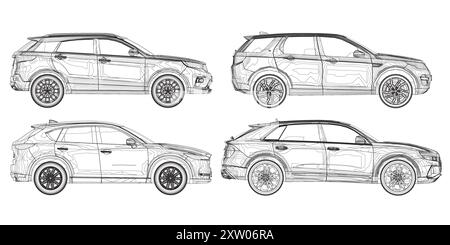 Konturensatz verschiedene Modelle von Autos. Vektorabwicklungsdarstellung. Vektor-Illustration der Seitenansicht des Fahrzeugs Stock Vektor