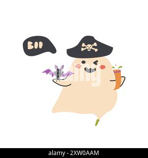 Niedlicher Geisterpirat der halloween. Kinderfigur mit lustigem Gesicht und Sprechblase Buh oder gruseliger Nacht. Stock Vektor