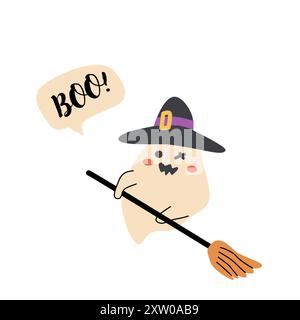 Niedliche Geisterhexe der halloweens. Kinderfigur mit lustigem Gesicht und Sprechblase Buh oder gruseliger Nacht. Stock Vektor