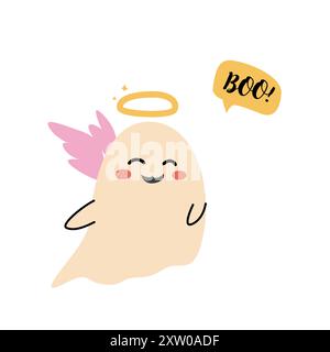 Niedlicher halloween-Geisterengel. Kinderfigur mit lustigem Gesicht und Sprechblase Buh oder gruseliger Nacht. Stock Vektor