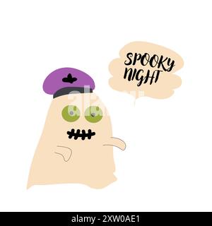 Niedlicher halloween-Geister-Zombie. Kinderfigur mit lustigem Gesicht und Sprechblase Buh oder gruseliger Nacht. Stock Vektor