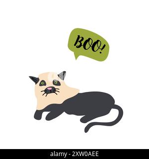 Halloween-Haustier im Geisterkostüm. Niedlicher Aufkleber für Grußkarte. Stock Vektor