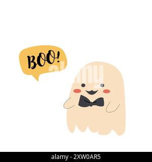 Niedlicher halloween-Geisterbräutigam. Aufkleber zum Halloween-Tag. Kindergeist mit komischem Gesicht. Stock Vektor