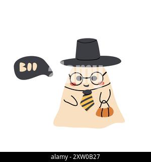 Niedlicher Geisterzauberer der halloween. Kinderfigur mit lustigem Gesicht und Sprechblase Buh oder gruseliger Nacht. Stock Vektor