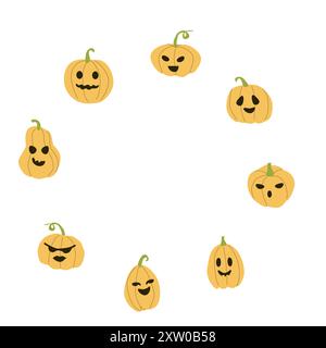 Halloween süßer Rahmen oder Rahmen mit lustigen Charakteren, Pumkins kindliches Design. Stock Vektor